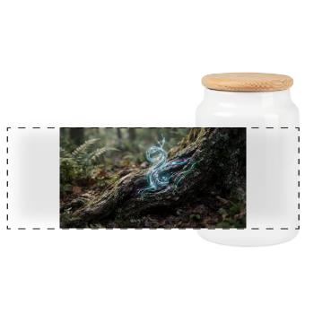 Forest Magic: Glowing Energy Fibers in Tree Roots - Panoramic Cookie Jar with Wooden Lid - white - Front