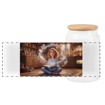 Magic of Reading: Girl with Flying Books in a Cozy - Panoramic Cookie Jar with Wooden Lid - white - Front