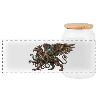 Steampunk bird of prey with turquoise runes - Panoramic Cookie Jar with Wooden Lid - white - Front