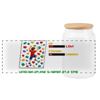 Retro Pixel Art Bouldern: Leveling Up Spruch - Panorama Keksdose mit Holzdeckel - Weiß - Vorne