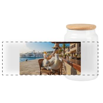 Pelican genießt einen frischen Fischcocktail - Panorama Keksdose mit Holzdeckel - Weiß - Vorne