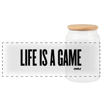 life is a game by wam - Panoramic Cookie Jar with Wooden Lid - white - Front