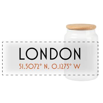 london coordinates - Panoramic Cookie Jar with Wooden Lid - white - Front