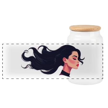 Graphic Woman's Head with Long Black Hair - Panoramic Cookie Jar with Wooden Lid - white - Front