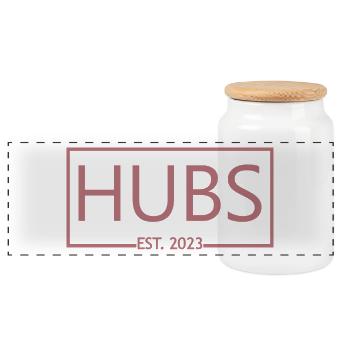Hubs Est. 2023 Verlobung für das Hochzeitsgeschenk des Bräutigams - Panorama Keksdose mit Holzdeckel - Weiß - Vorne