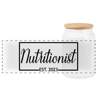 Nutritionist Est. 2023 Graduated Nutritionist Gift - Panoramic Cookie Jar with Wooden Lid - white - Front