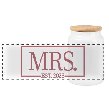 Mrs. Est. 2023 Engagement Bridal Shower Wedding - Panoramic Cookie Jar with Wooden Lid - white - Front