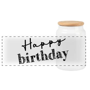 ANNIVERSARY. HAPPY BIRTHDAY. HAPPY BIRTHDAY. - Panoramic Cookie Jar with Wooden Lid - white - Front