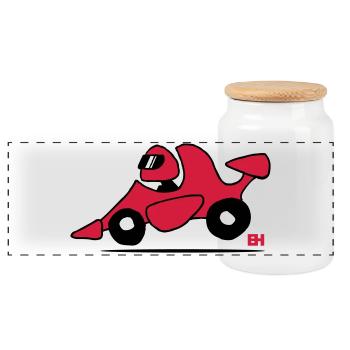 Race car - Panoramic Cookie Jar with Wooden Lid - white - Front
