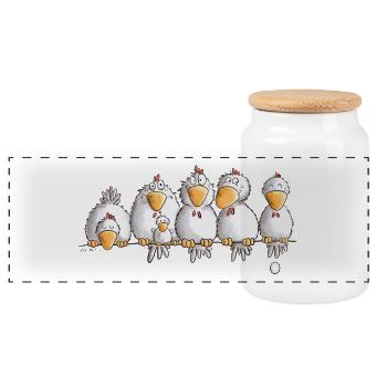 Hühner auf der Hühnerstange I Huhn Comic - Panorama Keksdose mit Holzdeckel - Weiß - Vorne