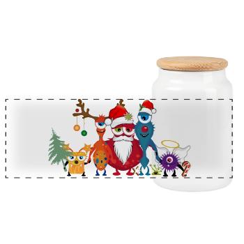 A colorful Christmas monster family - Panoramic Cookie Jar with Wooden Lid - white - Front