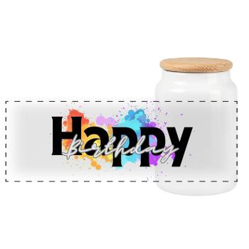 Happy birthday, Congratulations, Birthday - Panoramic Cookie Jar with Wooden Lid - white - Front