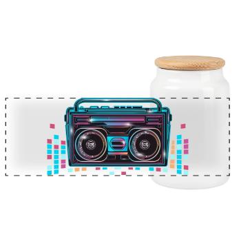 Kassetten Recorder im leuchtenden 80er Neon Look - Panorama Keksdose mit Holzdeckel - Weiß - Vorne