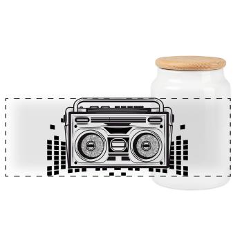 Kassetten Recorder im 80er Stencil Look - Panorama Keksdose mit Holzdeckel - Weiß - Vorne