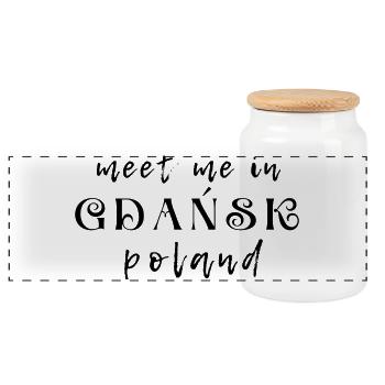Meet Me in Gdańsk Poland - Panoramic Cookie Jar with Wooden Lid - white - Front