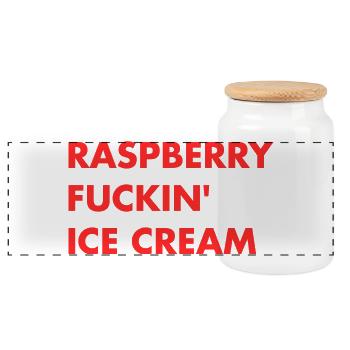 Raspberry Cream - Red Lettering - Panoramic Cookie Jar with Wooden Lid - white - Front