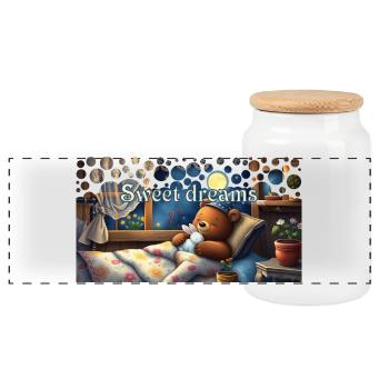 Süße Träume schlafender Bär mit Kuscheltier - Panorama Keksdose mit Holzdeckel - Weiß - Vorne