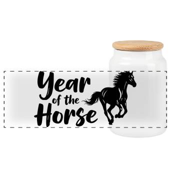 Year of the Horse Horse Lettering - Panoramic Cookie Jar with Wooden Lid - white - Front