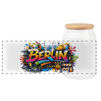 Berlin Graffiti Construction Site Style with Color Effects - Panoramic Cookie Jar with Wooden Lid - white - Front