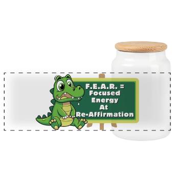 Crock: FEAR = Focused Energy At Re-Affirmation - Panoramic Cookie Jar with Wooden Lid - white - Front