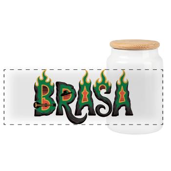 T-shirt Brésil avec flammes – Motif de football samba - Boîte à biscuits avec couvercle en bois - blanc - Devant
