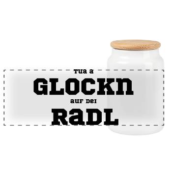 Tua a Glockn auf dei Radl Dialekt Spruch Retro - Panorama Keksdose mit Holzdeckel - Weiß - Vorne