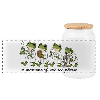 Three Lab Frog Scientists - Panoramic Cookie Jar with Wooden Lid - white - Front