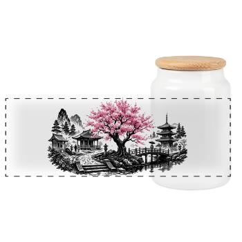 Japanese Cherry Blossom Temple Garden - Panoramic Cookie Jar with Wooden Lid - white - Front