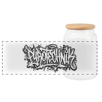 Pyrotechnik Graffiti Handschrift Tag - Panorama Keksdose mit Holzdeckel - Weiß - Vorne
