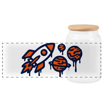 Rocket Launch Planet Graffiti - Panoramic Cookie Jar with Wooden Lid - white - Front