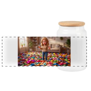 Girl Standing Barefoot in a Room Full of Slippers - Panorama Keksdose mit Holzdeckel - Weiß - Vorne