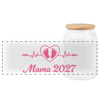 Ich werde Mama 2027 - Schwangerschaft Verkünden - Panorama Keksdose mit Holzdeckel - Weiß - Vorne