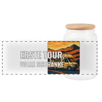 Erste Wohnmobilreise Geschenk für Anfänger - Panorama Keksdose mit Holzdeckel - Weiß - Vorne