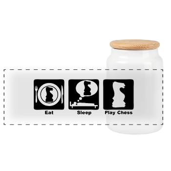 eat sleep play chess - Panoramic Cookie Jar with Wooden Lid - white - Front