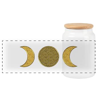 Moon - Flower of Life - gold - Panoramic Cookie Jar with Wooden Lid - white - Front