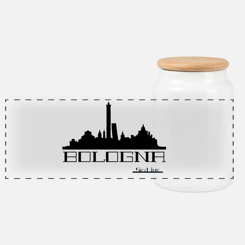 Neon-Umrisse der Skyline von Bologna - Panorama Keksdose mit Holzdeckel - Weiß