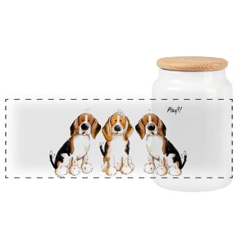 Three Beagles - Play - Cartoon - Dog - Gift - Panoramic Cookie Jar with Wooden Lid - white - Front