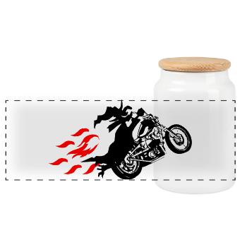 Sorcière sur Hélicopter, Motard, Flammes - Boîte à biscuits avec couvercle en bois - blanc - Devant