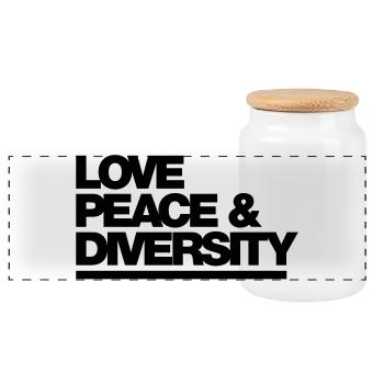 Typo Love Peace Diversity 1C - Panorama Keksdose mit Holzdeckel - Weiß - Vorne