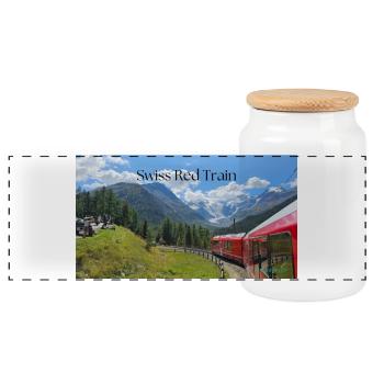 Swiss Red Train - Panoramic Cookie Jar with Wooden Lid - white - Front