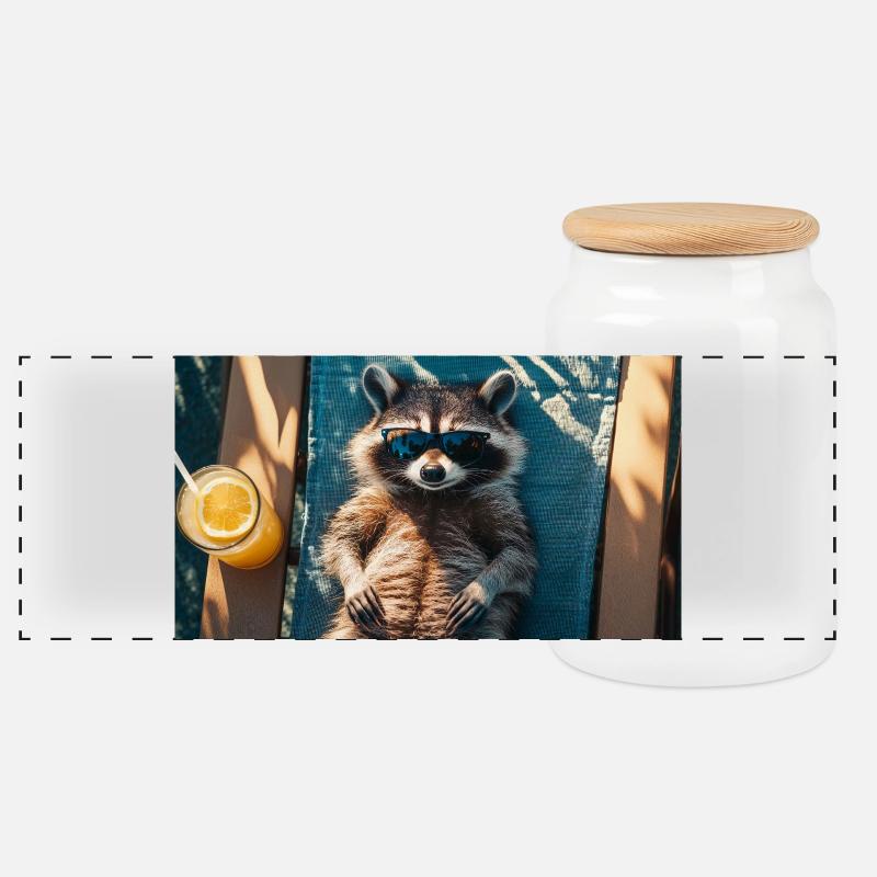 Waschbär im Urlaub - Panorama Keksdose mit Holzdeckel - Weiß