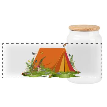 Retro-Zelt in Waldlandschaft mit Tieren & Pflanzen - Panorama Keksdose mit Holzdeckel - Weiß - Vorne
