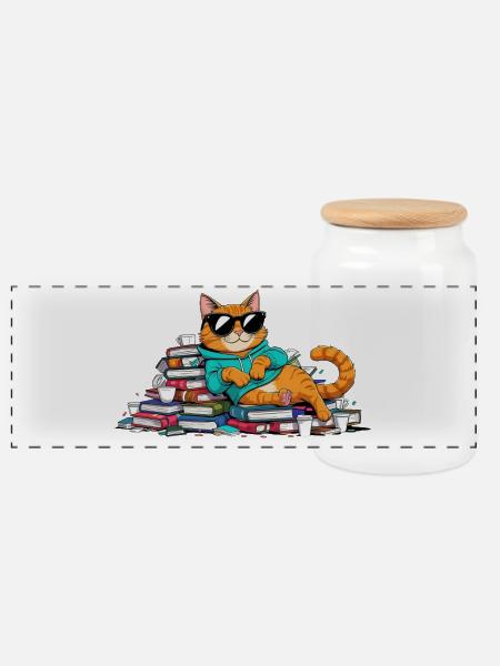 Lässiger Bücherwurm Kater mit Sonnenbrille - Panorama Keksdose mit Holzdeckel - Weiß