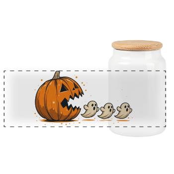 Funny Adventure Halloween Pumpkin Eating Ghosts - Panoramic Cookie Jar with Wooden Lid - white - Front