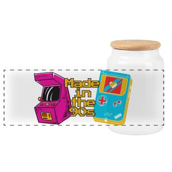 Made in the 90s – Retro Gamer Design - Panorama Keksdose mit Holzdeckel - Weiß - Vorne