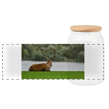 Deer on the edge of the lake - Panoramic Cookie Jar with Wooden Lid - white - Front