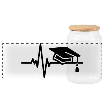 EKG Linie mit Abschlusskappe – Graduation Motiv - Panorama Keksdose mit Holzdeckel - Weiß - Vorne