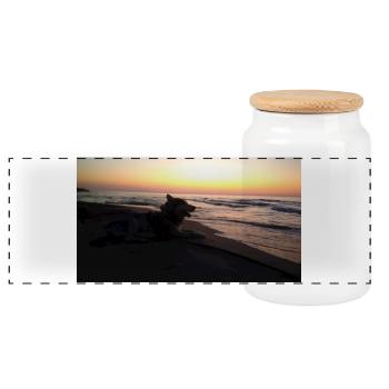 Dog on the beach sunset - Panoramic Cookie Jar with Wooden Lid - white - Front