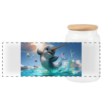 Bébé narval à la corne dorée saute hors de la mer - Boîte à biscuits avec couvercle en bois - blanc - Devant