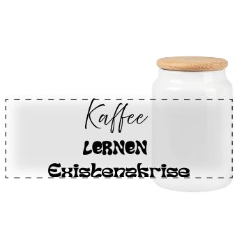 Coffee -> Learning -> Existential Crisis - Panoramic Cookie Jar with Wooden Lid - white - Front